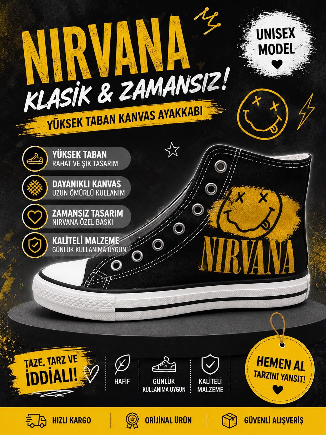 Siyah Nırvana Baskılı Unisex Bağcıklı  Convers