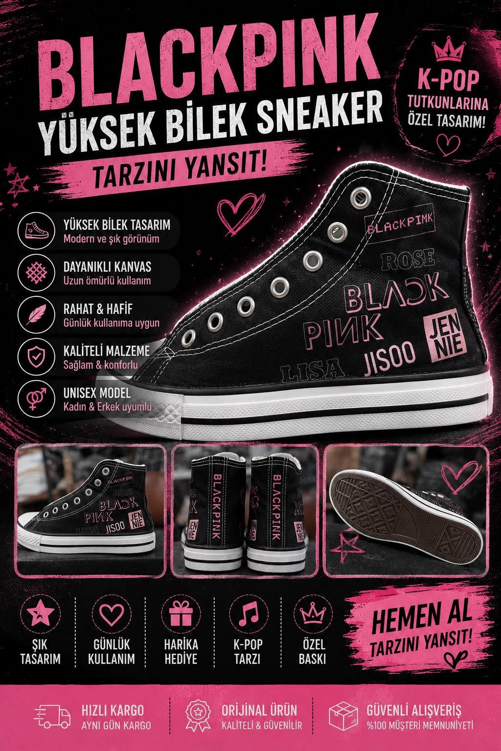 Siyah Black Pınk Group Baskılı Unisex Bağcıklı  Convers