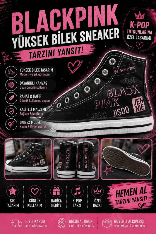 Siyah Black Pınk Group Baskılı Unisex Bağcıklı  Convers