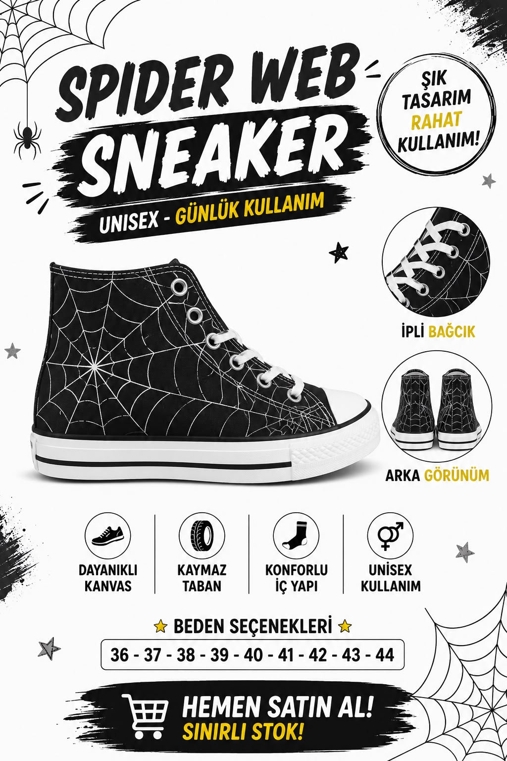 Siyah Spıder Web Baskılı Unisex Bağcıklı  Convers