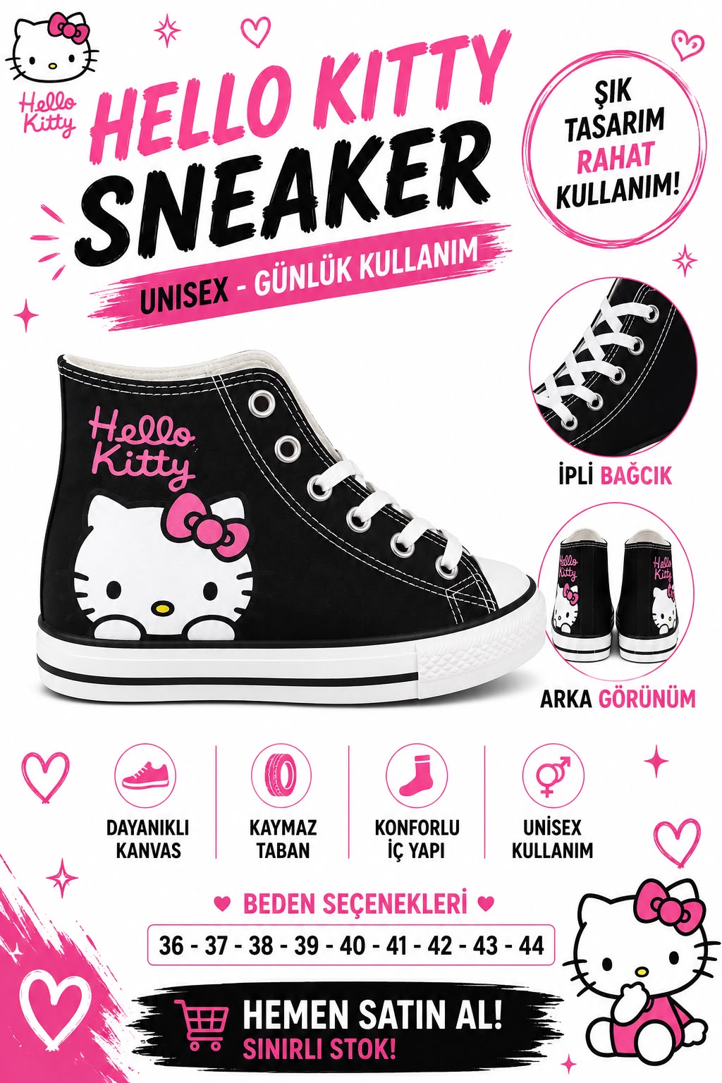 Siyah Hellokıtty Baskılı Bağcıklı  Convers