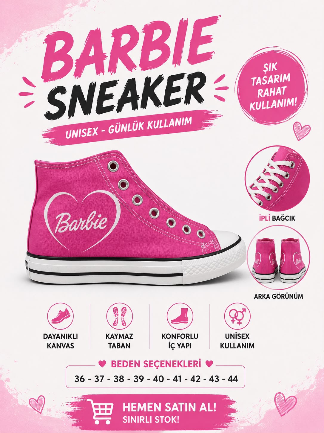 Pembe Barbie Baskılı Bağcıklı  Convers