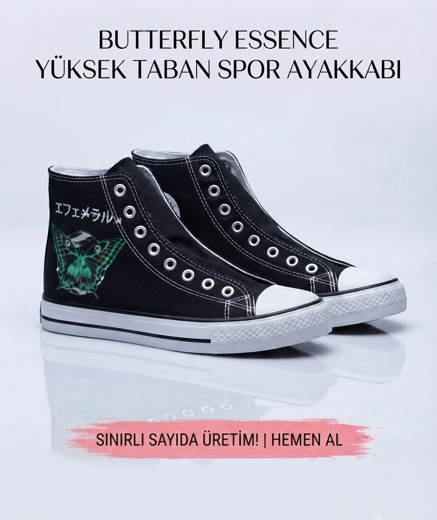 Siyah Buttferfly Essence Baskılı Unisex Bağcıklı Convers