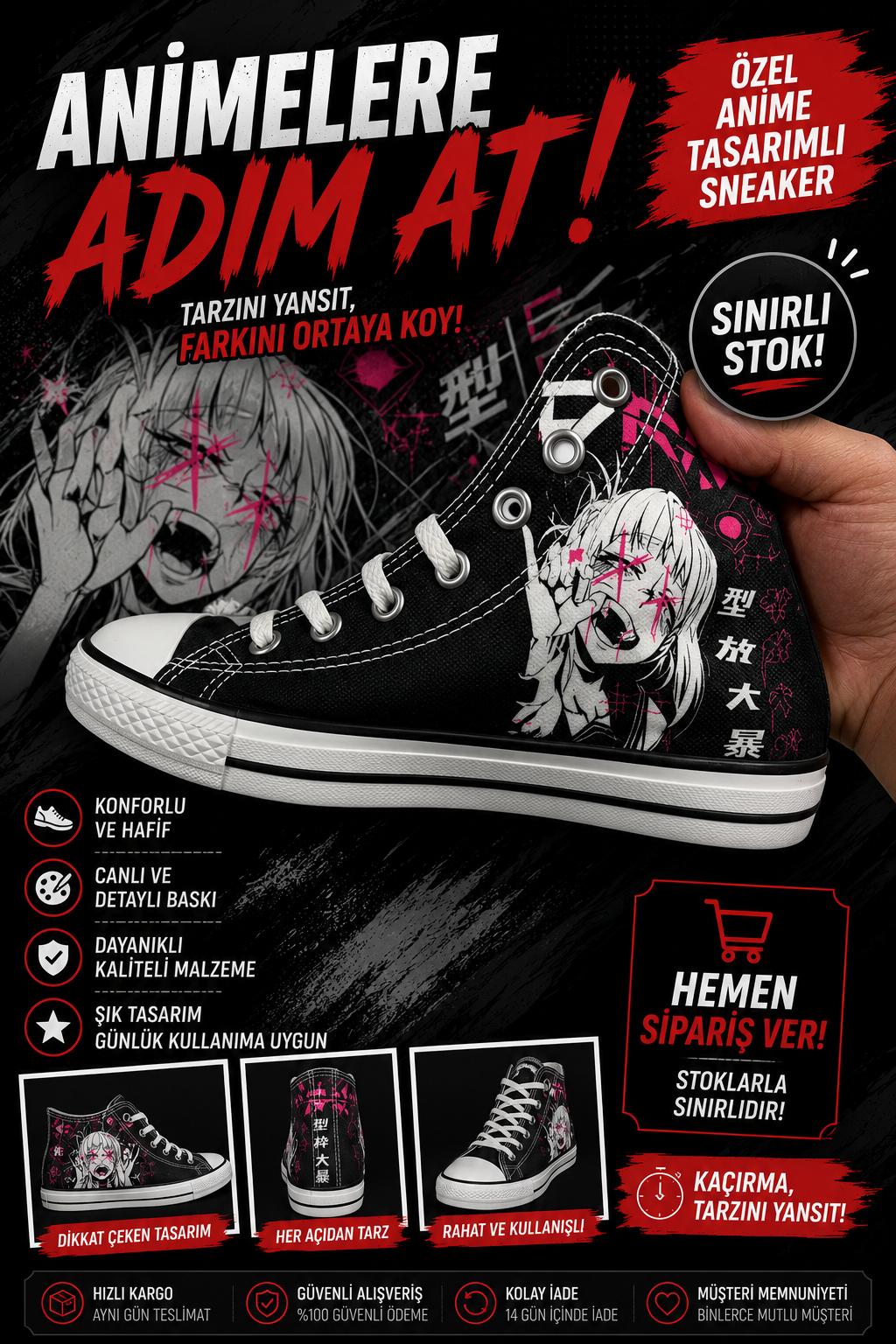 Siyah Anime Chemical Baskılı Unisex Bağcıklı Convers