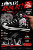 Siyah Anime Chemical Baskılı Unisex Bağcıklı Convers