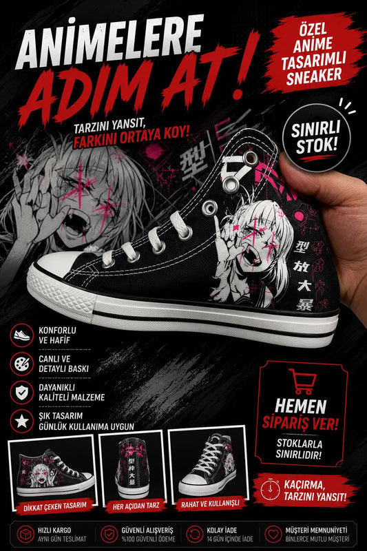 Siyah Anime Chemical Baskılı Unisex Bağcıklı Convers