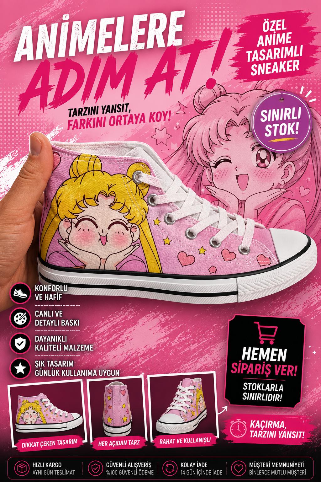 Pembe Soliar Moon Baskılı Unisex Bağcıklı Convers