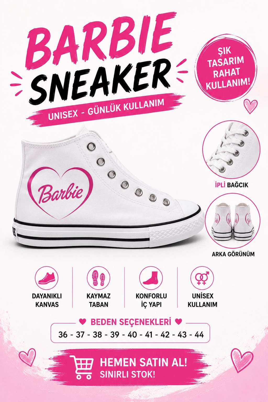 Beyaz Barbie Baskılı  Bağcıklı  Convers