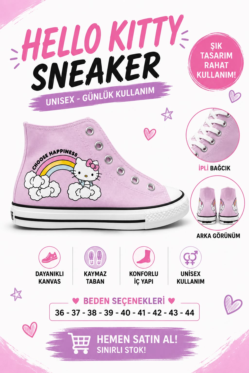 Pembe Gökkuşağı Hellokıtty Baskılı  Bağcıklı  Convers