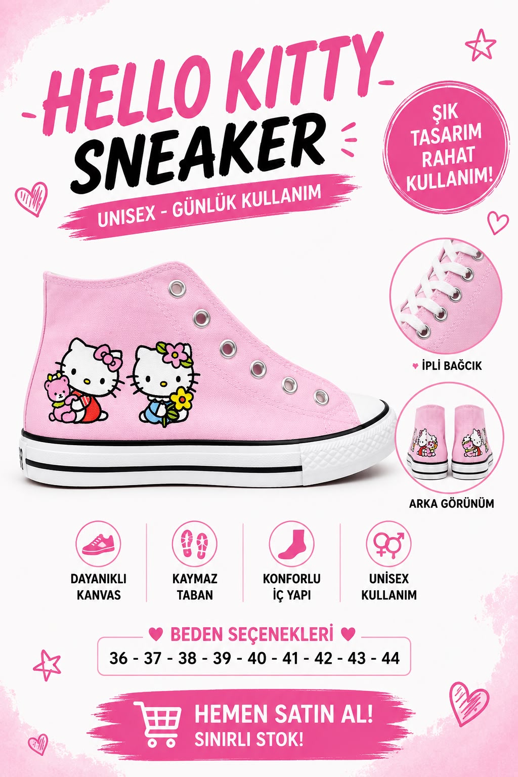 Pembe Hellokıtty Bear  Baskılı  Bağcıklı  Convers