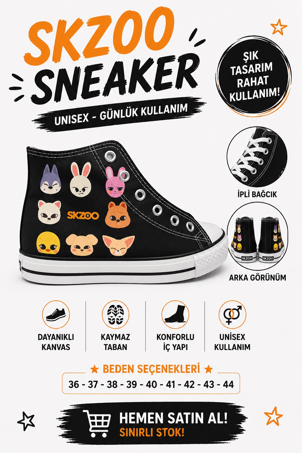 Siyah Skzoo Unisex Baskılı  Bağcıklı  Convers
