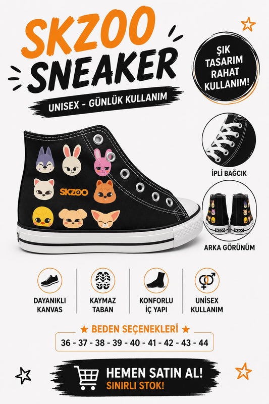 Siyah Skzoo Unisex Baskılı  Bağcıklı  Convers