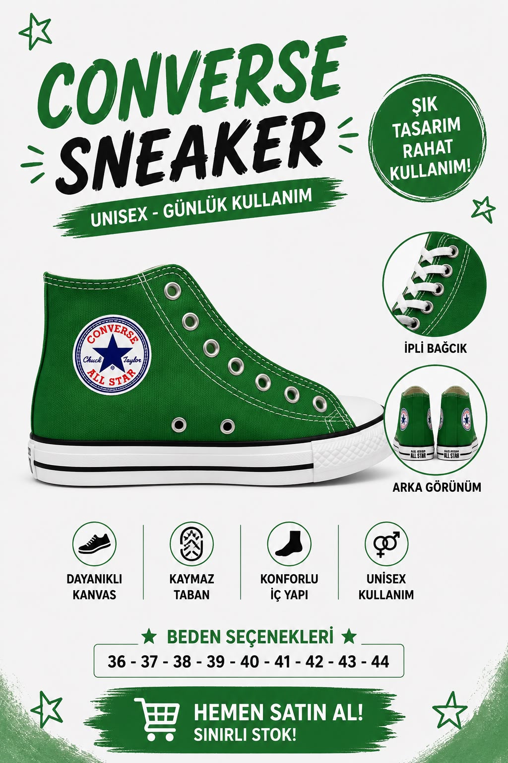Yeşil  Unisex Baskılı  Bağcıklı  Convers