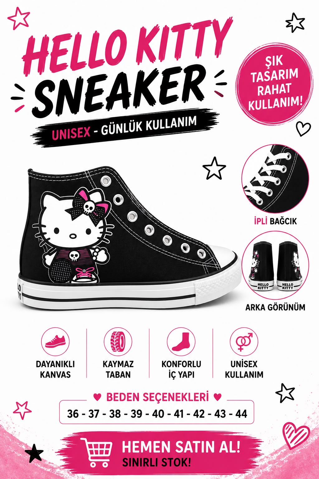 Siyah Kurukafa Hellokıtty Unisex Baskılı  Bağcıklı  Convers