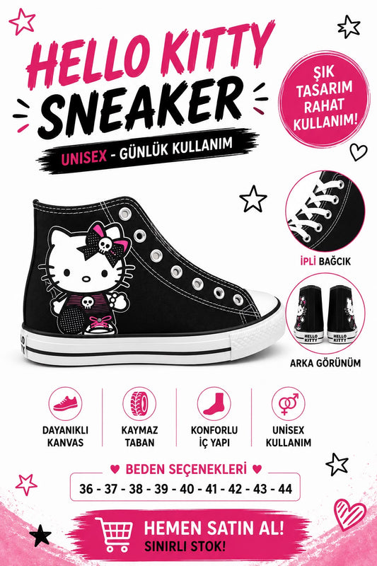 Siyah Kurukafa Hellokıtty Unisex Baskılı  Bağcıklı  Convers