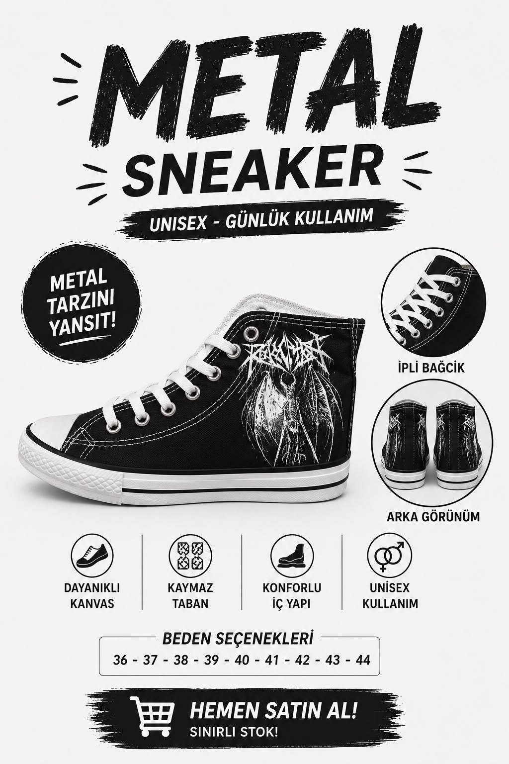 Siyah Metal Baskılı Unisex Bağcıklı  Convers