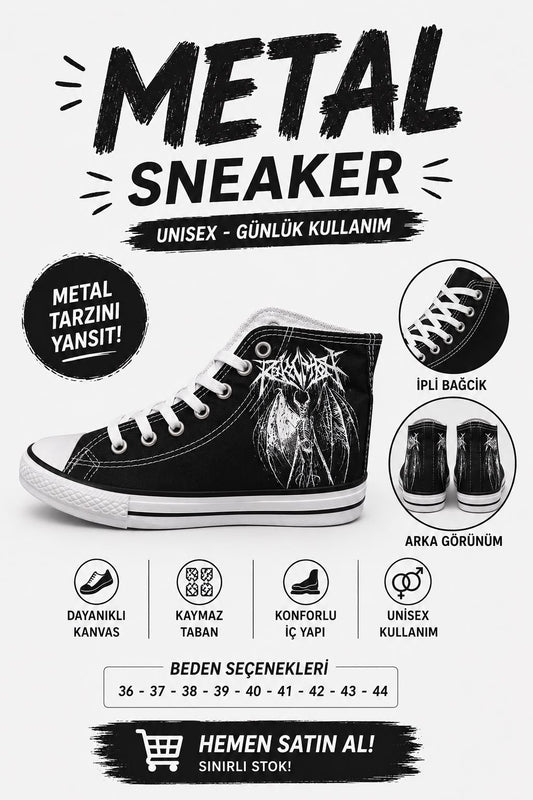 Siyah Metal Baskılı Unisex Bağcıklı  Convers