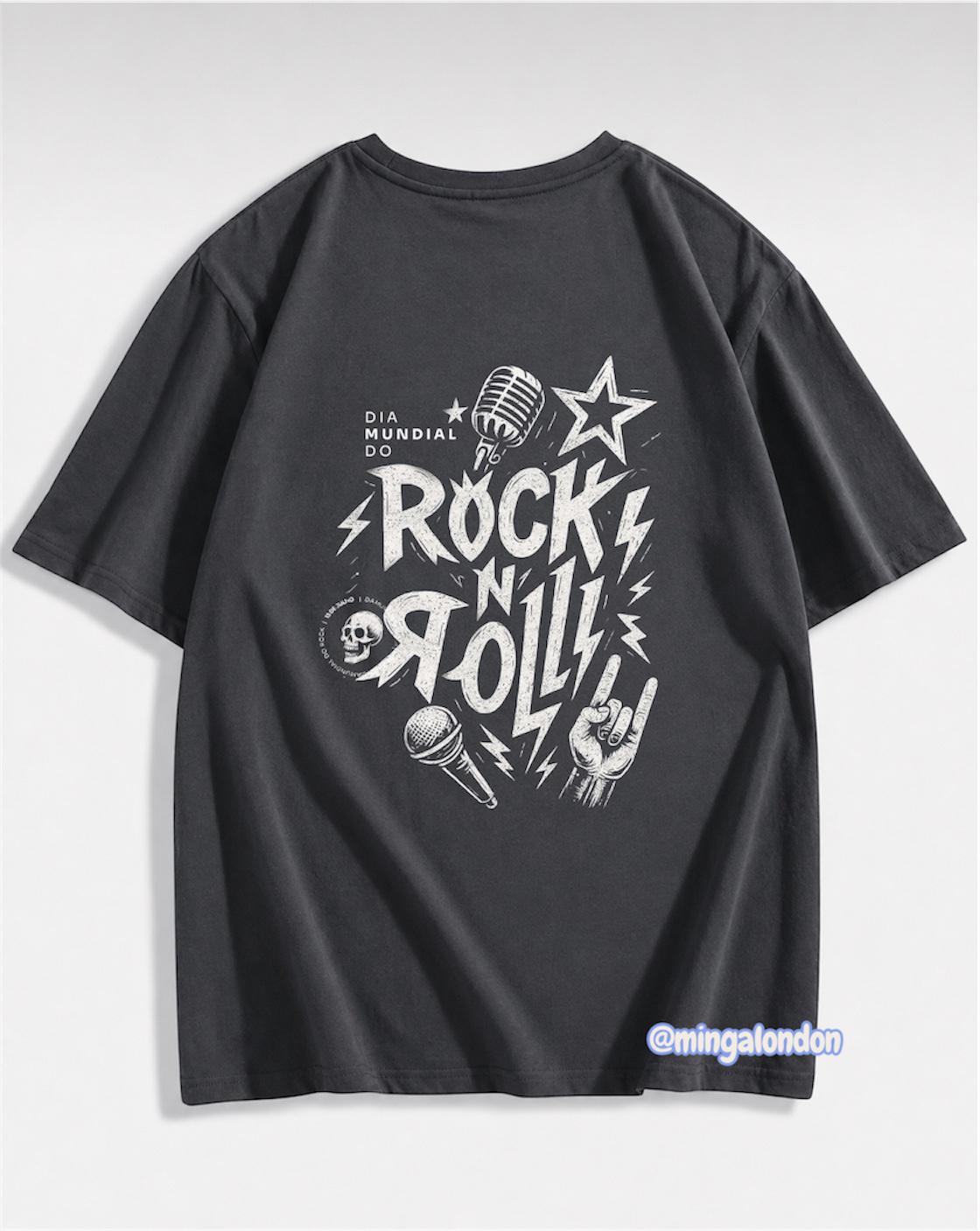 Rock In Roll Sırt Baskılı Füme T-Shirt
