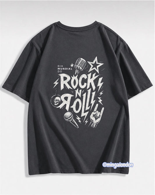 Rock In Roll Sırt Baskılı Füme T-Shirt