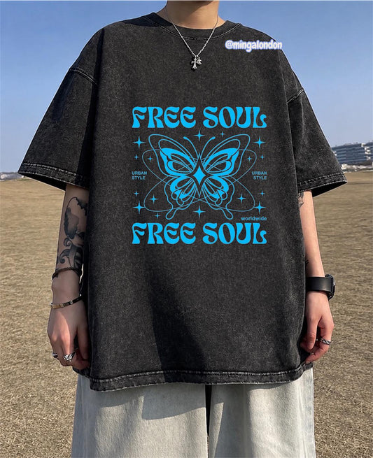 Yıkamalı Kumaş Free Soul Baskılı Oversize T-Shirt