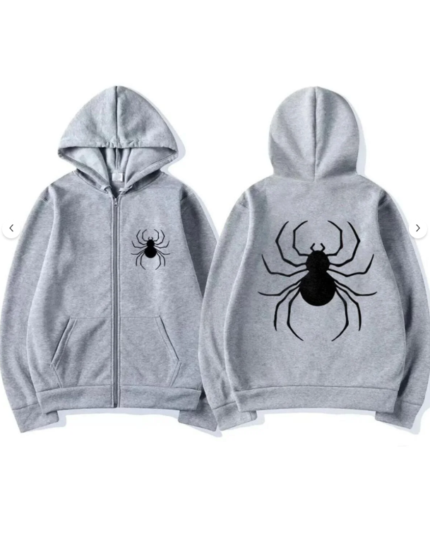 Dangerous Spider Ön-Arka Baskılı Oversize Fermuarlı Gri Unisex Kapüşonlu Hırka