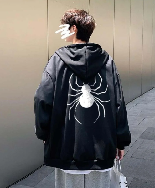 Dangerous Spider Ön-Arka Baskılı Oversize Fermuarlı Siyah Unisex Kapüşonlu Hırka