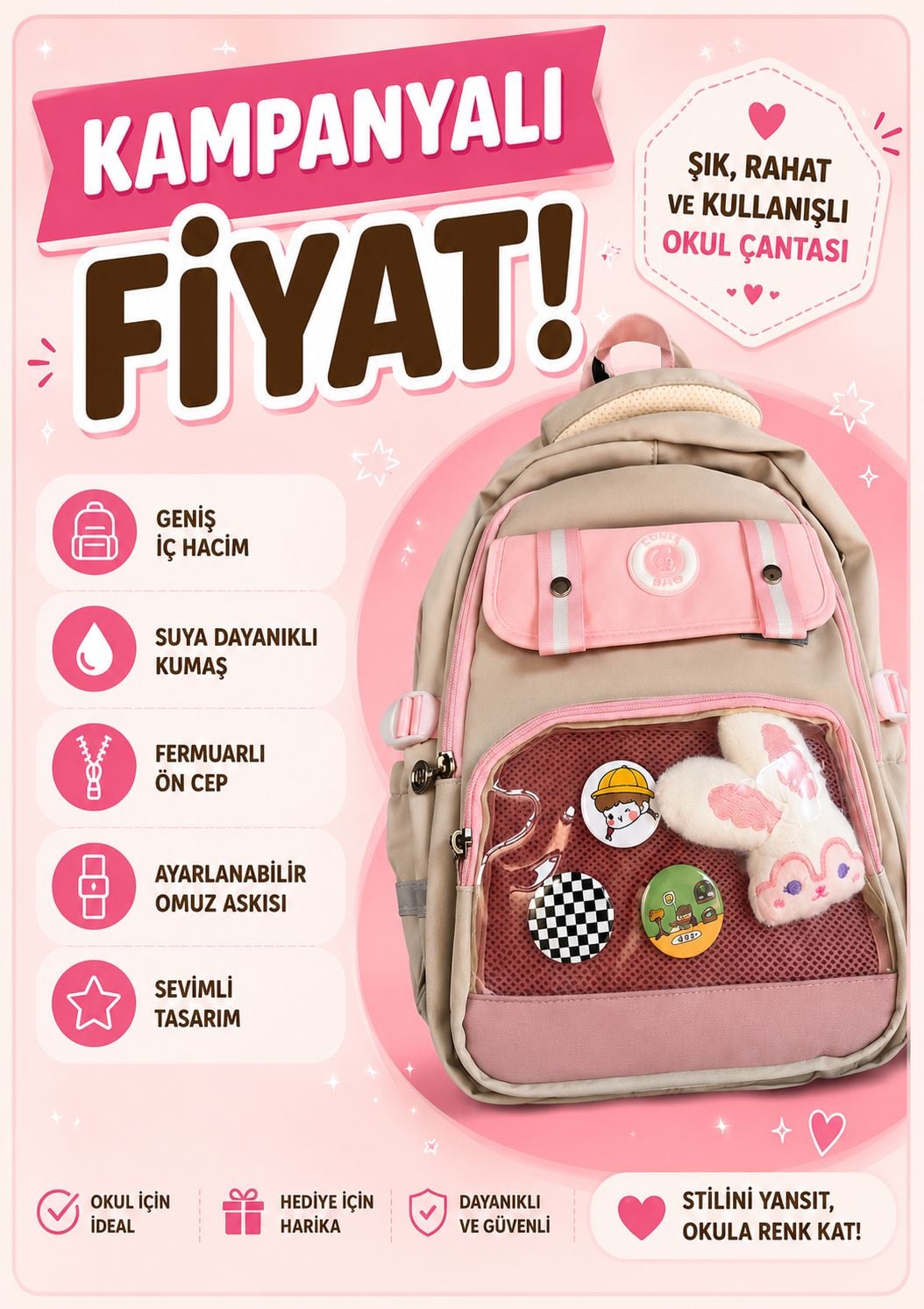Color Bags  Bölmeli Beslenme Ve Kalemlikli  Okul Çantası Seti - Bej