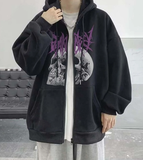 Deathless Skull Baskılı Oversize Fermuarlı Siyah Unisex Kapüşonlu Hırka