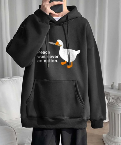 Duck Peace Baskılı Siyah Unisex Oversize Kapüşonlu Sweatshirt