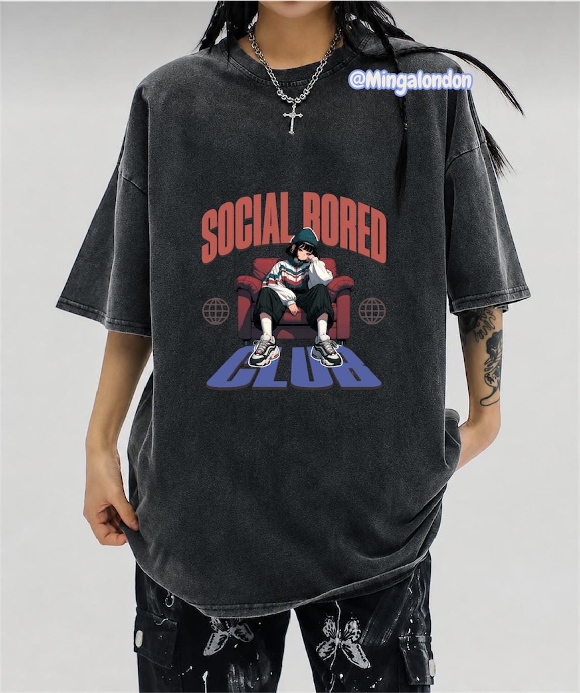 Yıkamalı Kumaş Socıal Bored Club  Baskılı Oversize T-Shirt