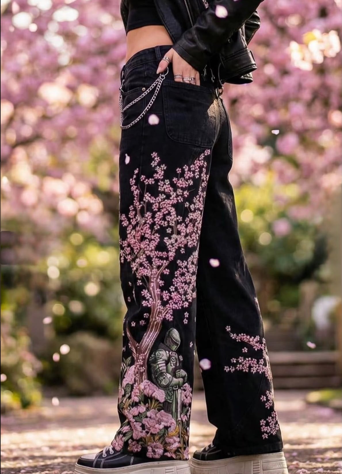 Siyah Sakura Şövalye Nakışlı Y2K Baggy Pantolon