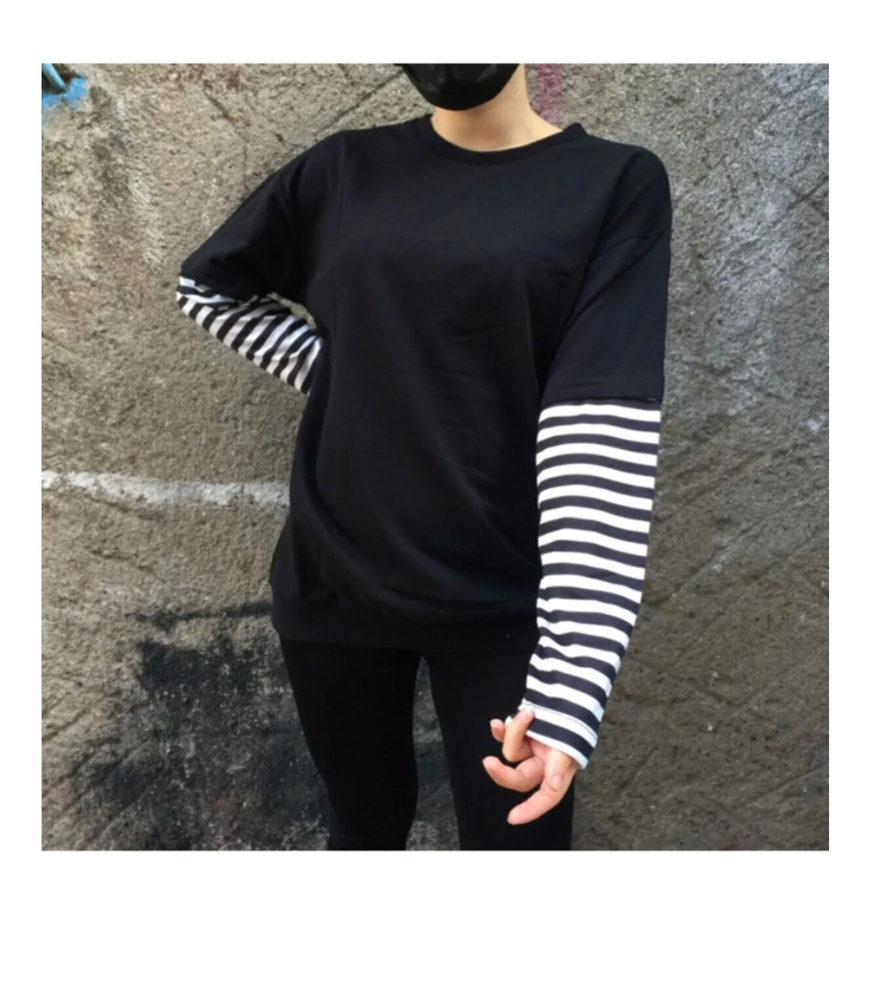 Düz Siyah Fake Kollu T-Shirt