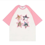 Beyaz Pembe Raglan Baskılı Oversize T-shirt