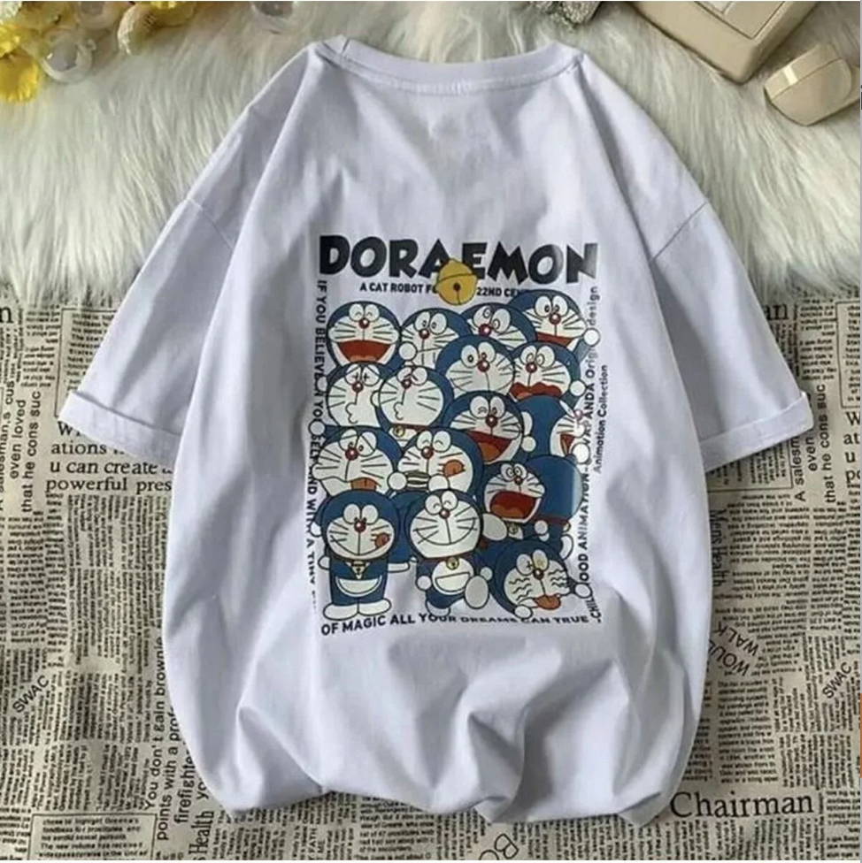 Beyaz Doraemon baskılı Oversize t-shirt