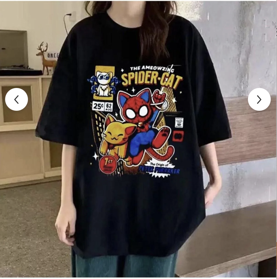 Siyah Spider Cat baskılı oversize tişört