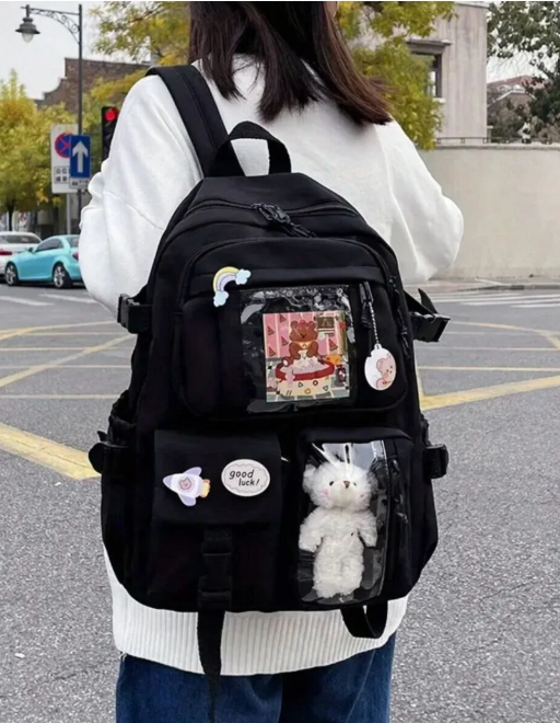 Kawaii Japon Tarzı Aksesuarlı Ve Ayıcıklı Okul Sırt Çantası Siyah- ROZETSİZ