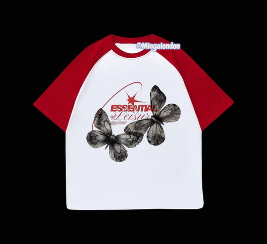 Kırmızı Reglan Kol Essentıal Of Leısur Kelebek Baskılı T-Shirt