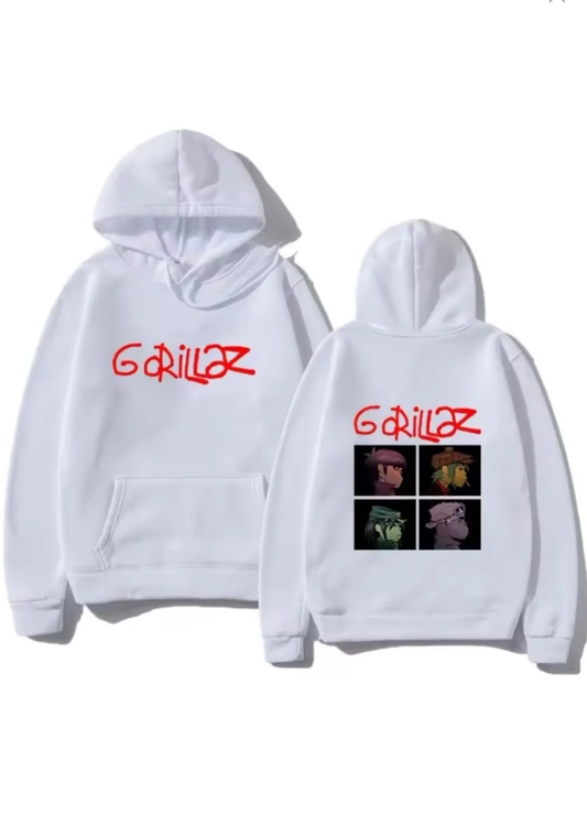 Gorillaz Baskılı Beyaz Kapüşonlu Sweatshirt