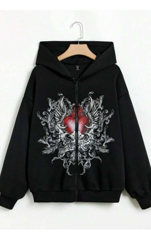 Gothic Heart Baskılı Oversize Fermuarlı Siyah Kırmızı Unisex Kapüşonlu Hırka
