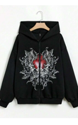 Gothic Heart Baskılı Oversize Fermuarlı Siyah Kırmızı Unisex Kapüşonlu Hırka