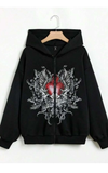Gothic Heart Baskılı Oversize Fermuarlı Siyah Kırmızı Unisex Kapüşonlu Hırka