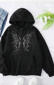 Gothic Heart Baskılı Oversize Fermuarlı Siyah Unisex Kapüşonlu Hırka