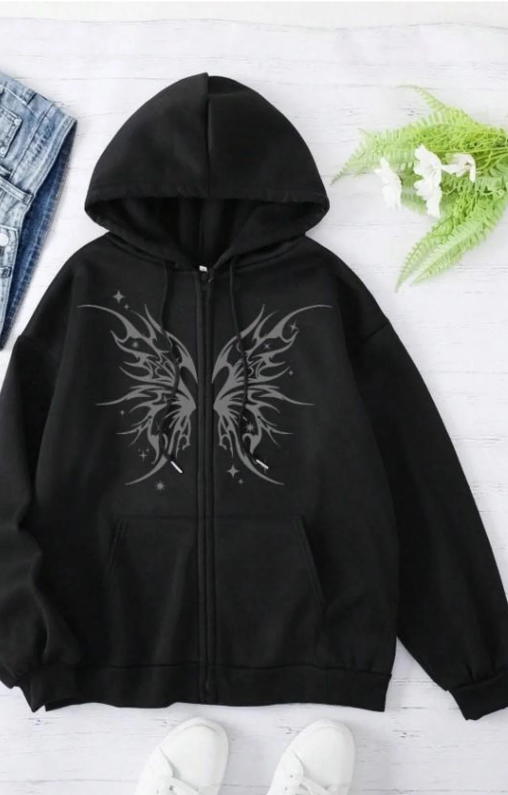 Gothic Heart Baskılı Oversize Fermuarlı Siyah Unisex Kapüşonlu Hırka