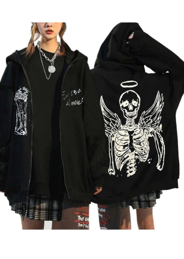 Gothic Skeleton Baskılı Unisex Oversize Kapşonlu Hırka