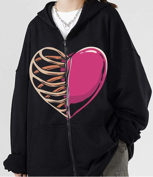 Half Rib & Heart Baskılı Oversize Fermuarlı Siyah Unisex Kapüşonlu Hırka