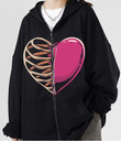 Half Rib & Heart Baskılı Oversize Fermuarlı Siyah Unisex Kapüşonlu Hırka