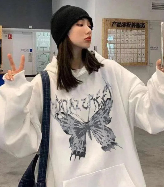 Harajuku Butterfly Oversize Unisex Beyaz Kapşonlu Hoodie Sweatshirt