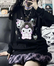 Harajuku Kuromi Baskılı Siyah Unisex Oversize Bisiklet Yaka Sweatshirt
