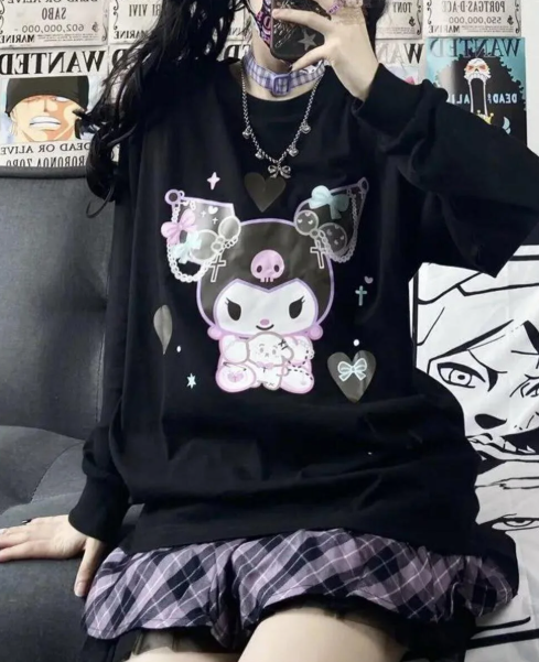 Harajuku Kuromi Baskılı Siyah Unisex Oversize Bisiklet Yaka Sweatshirt