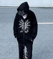Heart Spider Web Baskılı Oversize Fermuarlı Siyah Unisex Kapüşonlu Hırka